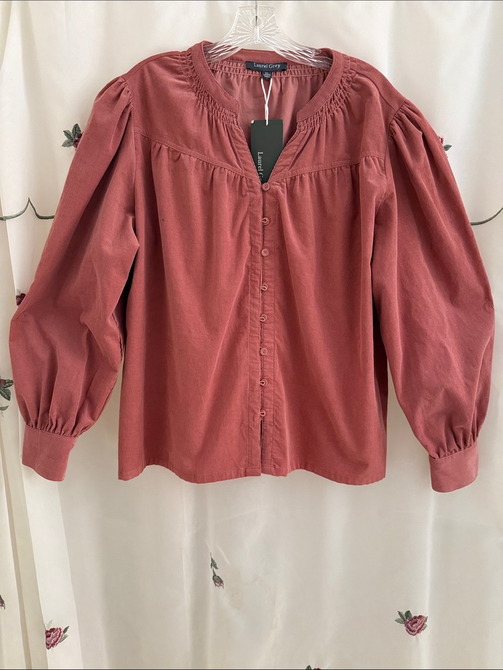 Laurel Grey Button-Front Long-Sleeve Blouse in Dusty Rose